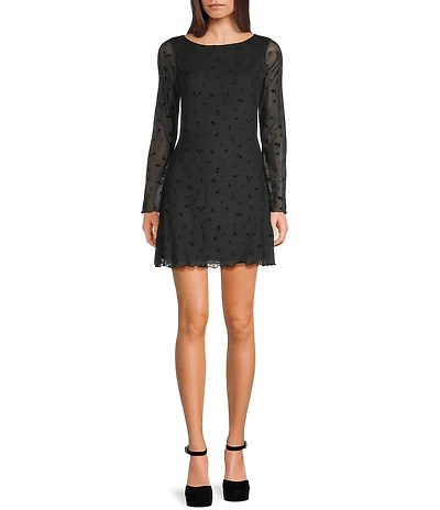 Honey & Sparkle Flocked Mesh Floral Print Boat Neck Long Bell Sleeve Dress
