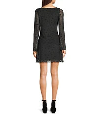 Honey & Sparkle Flocked Mesh Floral Print Boat Neck Long Bell Sleeve Dress