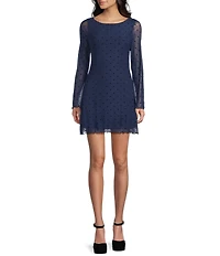 Honey & Sparkle Flocked Mesh Polka Dot Boat Neck Long Bell Sleeve Dress