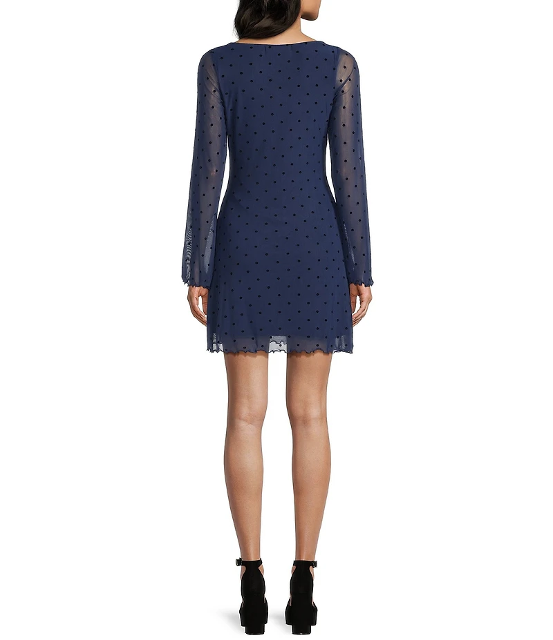 Honey & Sparkle Flocked Mesh Polka Dot Boat Neck Long Bell Sleeve Dress