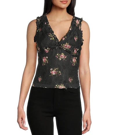 Honey & Sparkle Floral Print V-Neck Sleeveless Ruffle Edge Lined Lace Top