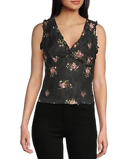 Honey & Sparkle Floral Print V-Neck Sleeveless Ruffle Edge Lined Lace Top
