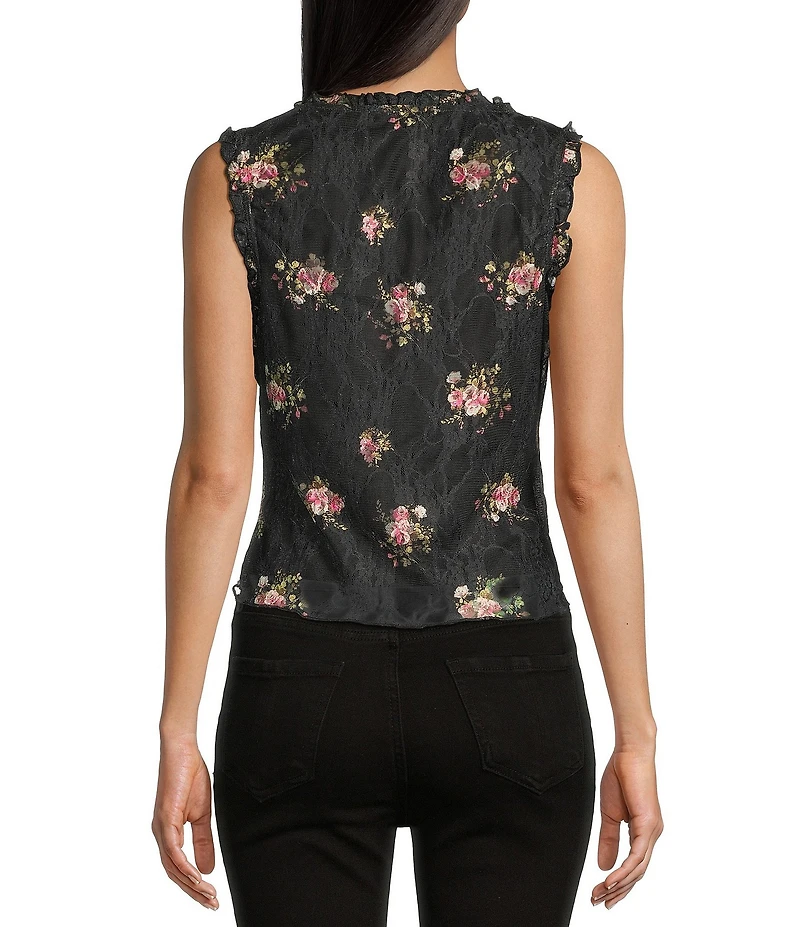Honey & Sparkle Floral Print V-Neck Sleeveless Ruffle Edge Lined Lace Top