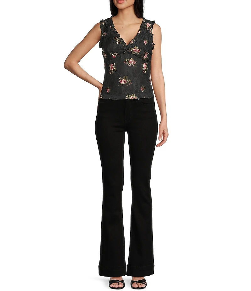 Honey & Sparkle Floral Print V-Neck Sleeveless Ruffle Edge Lined Lace Top