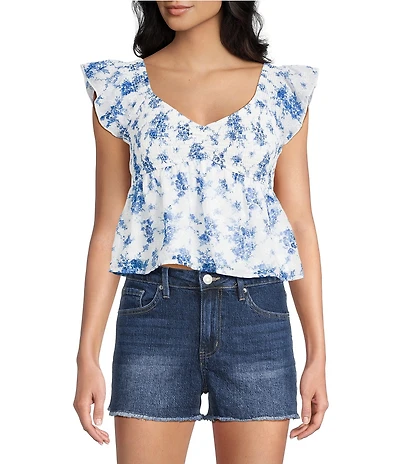 Honey & Sparkle Floral Printed Embroidered Flutter Sleeve Smocked Baby Doll Top