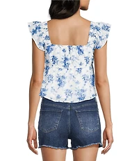 Honey & Sparkle Floral Printed Embroidered Flutter Sleeve Smocked Baby Doll Top