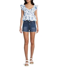 Honey & Sparkle Floral Printed Embroidered Flutter Sleeve Smocked Baby Doll Top