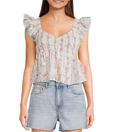 Honey & Sparkle Floral Printed Flutter Sleeve V-Neck Smocked Top