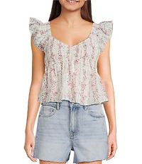 Honey & Sparkle Floral Printed Flutter Sleeve V-Neck Smocked Top
