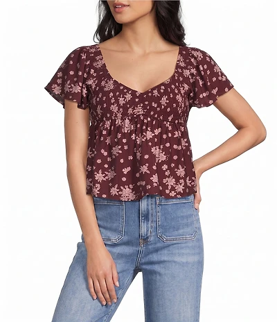 Honey & Sparkle Floral Printed Smocked V-Neck Short Sleeve Baby Doll Top
