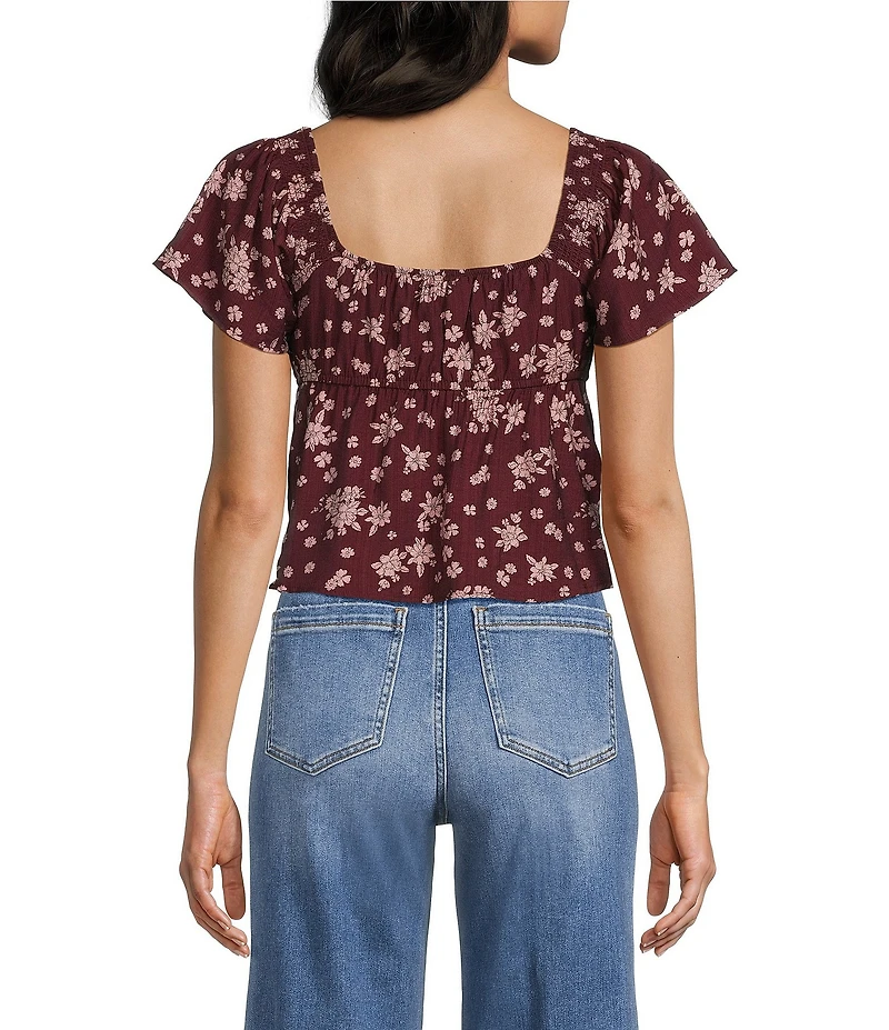 Honey & Sparkle Floral Printed Smocked V-Neck Short Sleeve Baby Doll Top