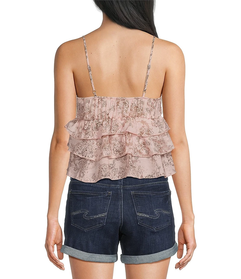 Honey & Sparkle Floral Toile Print V-Neck Tiered Ruffle Top