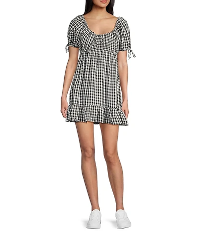 Honey & Sparkle Gingham Round Neck Short Puff Sleeve Babydoll Dress