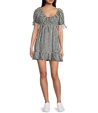 Honey & Sparkle Gingham Round Neck Short Puff Sleeve Babydoll Dress