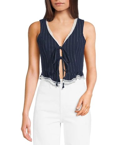Honey & Sparkle Stripe Lace Trim Tie Front Vest