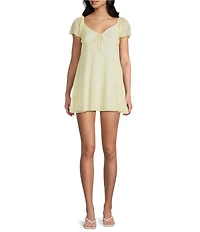 Honey & Sparkle Mesh Dot Short Ruffle Sleeve Print Mini Babydoll Dress