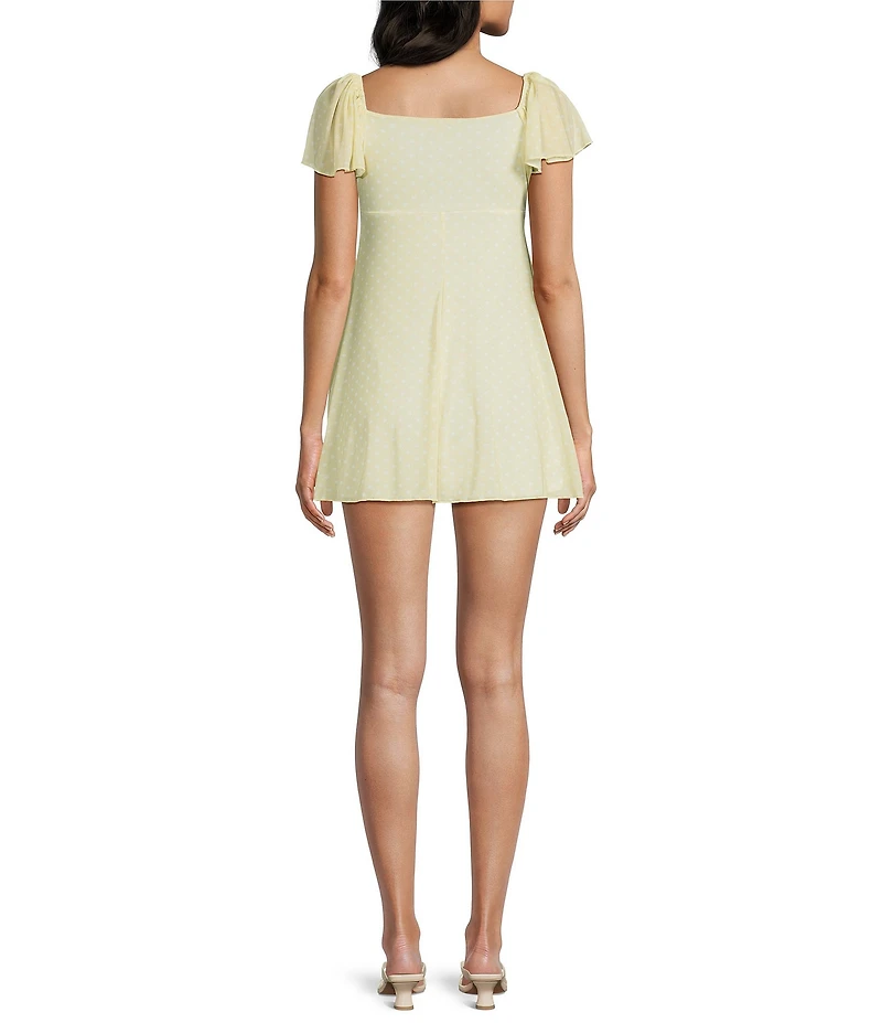 Honey & Sparkle Mesh Dot Short Ruffle Sleeve Print Mini Babydoll Dress