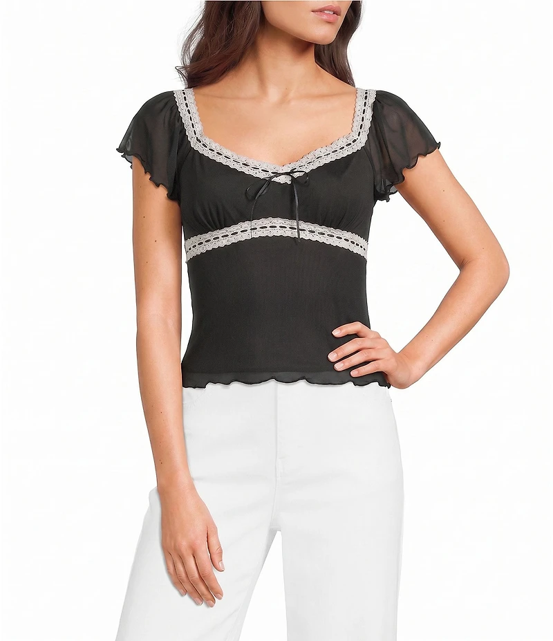 Honey & Sparkle Mesh Short Flutter Sleeve Tie Back Top