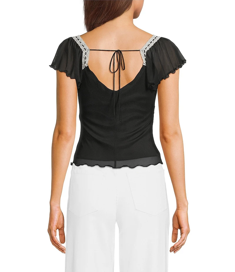 Honey & Sparkle Mesh Short Flutter Sleeve Tie Back Top