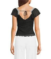 Honey & Sparkle Mesh Short Flutter Sleeve Tie Back Top