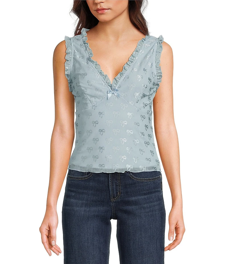 Honey & Sparkle Mesh V-Neck Ruffle Edge Lined Bow Trim Top