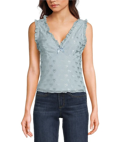 Honey & Sparkle Mesh V-Neck Ruffle Edge Lined Bow Trim Top