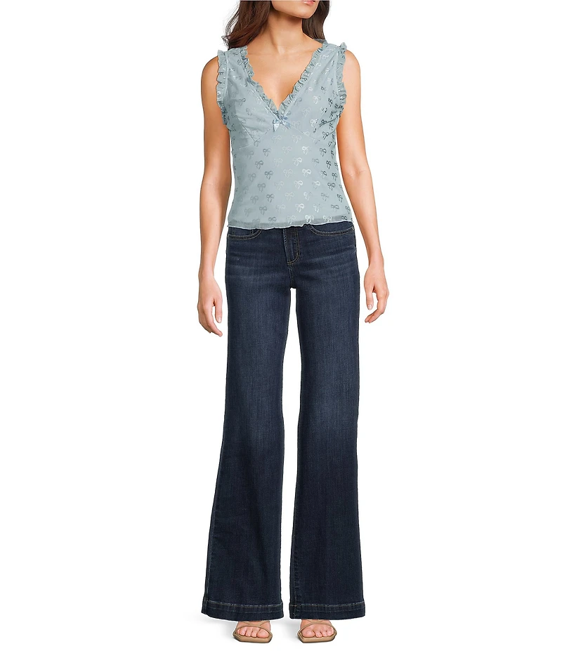 Honey & Sparkle Mesh V-Neck Ruffle Edge Lined Bow Trim Top