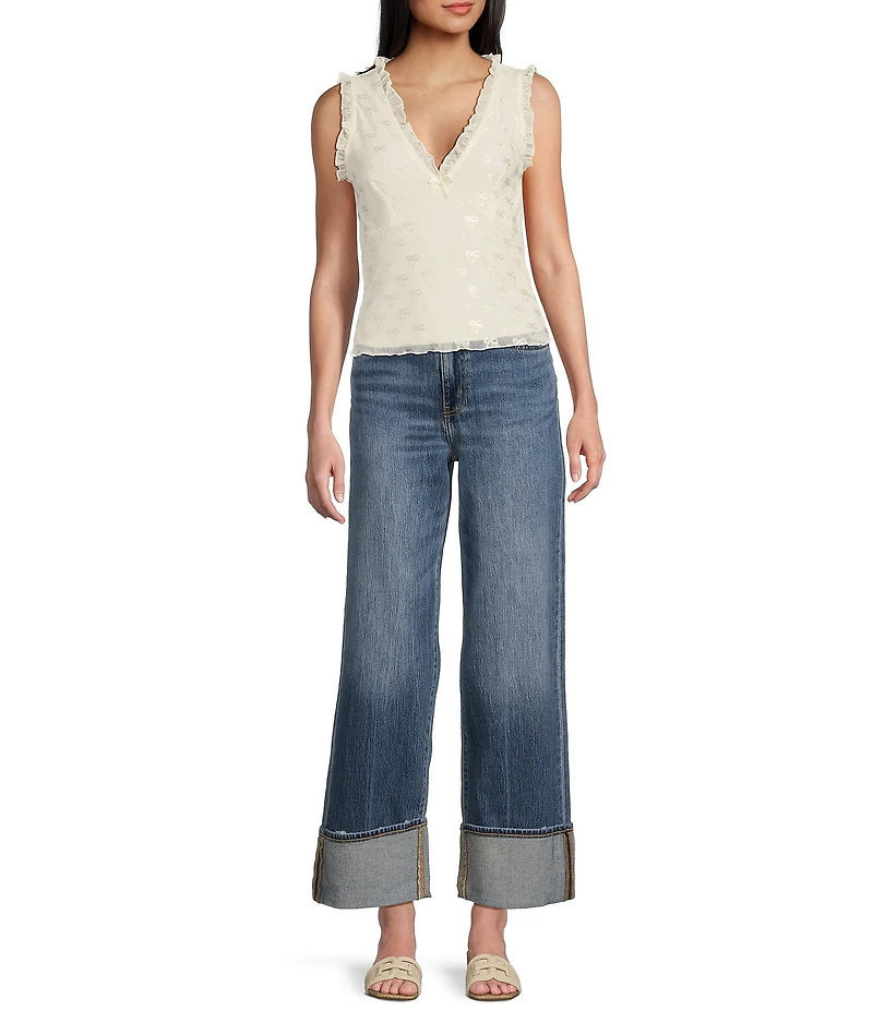 Honey & Sparkle Mesh V-Neck Ruffle Edge Lined Bow Trim Top