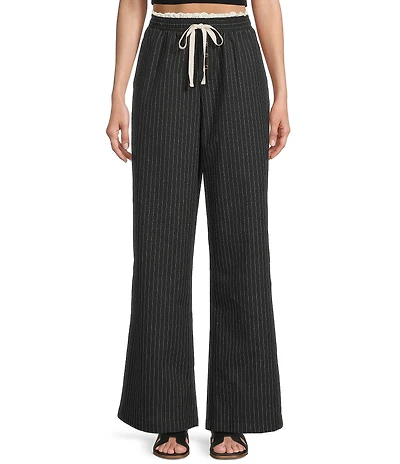 Honey & Sparkle Pinstripe Pattern Mid Rise Lace Trim Wide Leg Pants