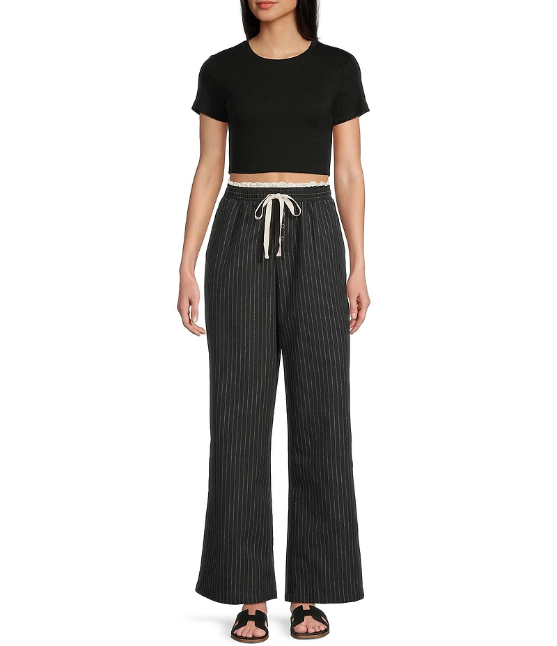 Honey & Sparkle Pinstripe Pattern Mid Rise Lace Trim Wide Leg Pants