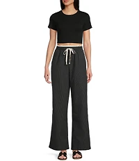 Honey & Sparkle Pinstripe Pattern Mid Rise Lace Trim Wide Leg Pants