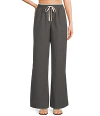 Honey & Sparkle Pinstripe Pattern Mid Rise Lace Trim Wide Leg Pants