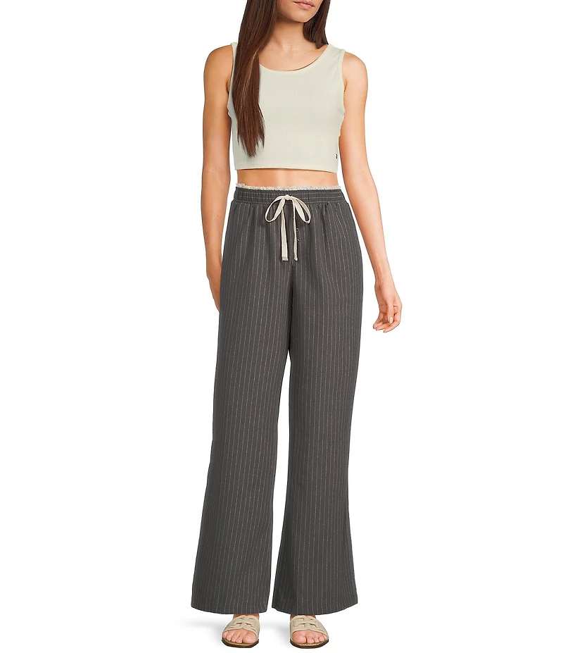 Honey & Sparkle Pinstripe Pattern Mid Rise Lace Trim Wide Leg Pants