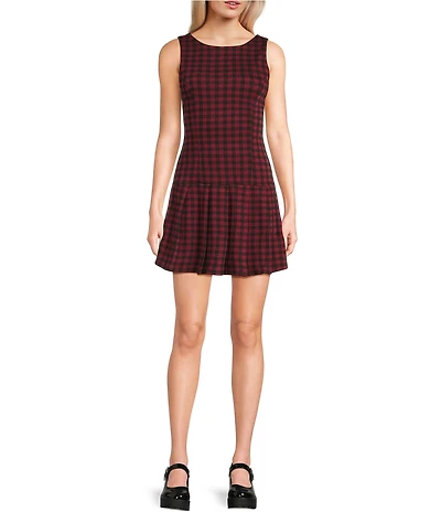 Honey & Sparkle Plaid Pattern Boat Neck Sleeveless Drop Waist Dress