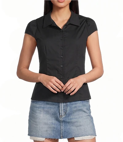 Honey & Sparkle Short Puff Sleeve Point Collar Button Front Top