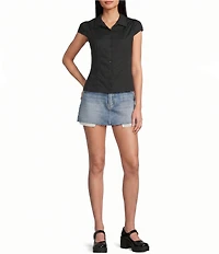 Honey & Sparkle Short Puff Sleeve Point Collar Button Front Top