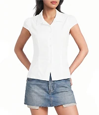 Honey & Sparkle Short Puff Sleeve Point Collar Button Front Top