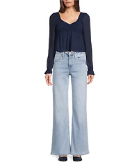 Honey & Sparkle Smocked V-Neck Long Puff Sleeve Top