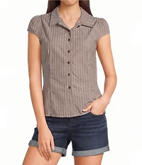 Honey & Sparkle Striped Short Puff Sleeve Collared Button Front Top