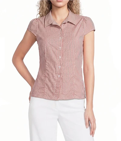 Honey & Sparkle Striped Short Puff Sleeve Point Collared Button Front Top