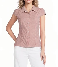 Honey & Sparkle Striped Short Puff Sleeve Point Collared Button Front Top