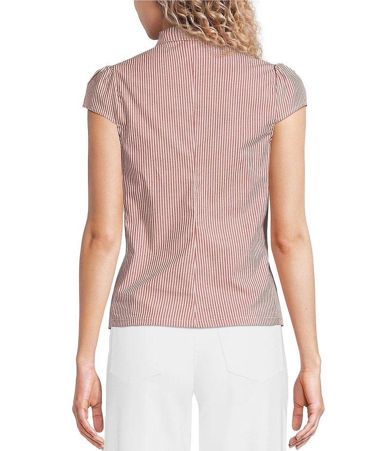 Honey & Sparkle Striped Short Puff Sleeve Point Collared Button Front Top