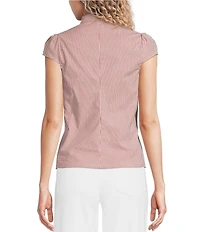 Honey & Sparkle Striped Short Puff Sleeve Point Collared Button Front Top