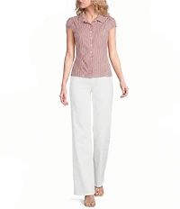 Honey & Sparkle Striped Short Puff Sleeve Point Collared Button Front Top