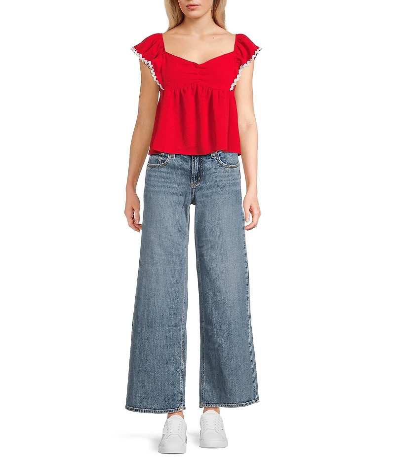 Honey & Sparkle Sweetheart Neck Ric Rac Trim Ruffle Sleeve Top