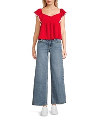 Honey & Sparkle Sweetheart Neck Ric Rac Trim Ruffle Sleeve Top