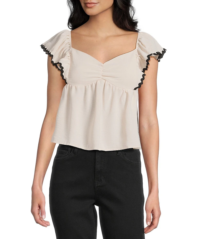 Honey & Sparkle Sweetheart Neck Ric Rac Trim Ruffle Sleeve Top