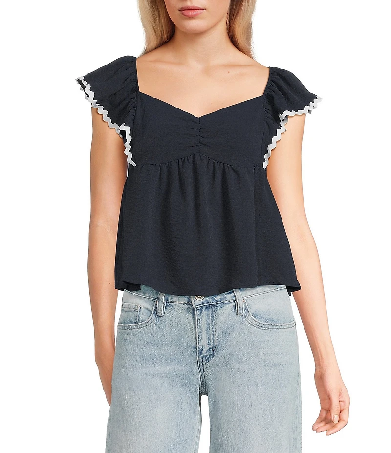 Honey & Sparkle Sweetheart Neck Ric Rac Trim Ruffle Sleeve Top