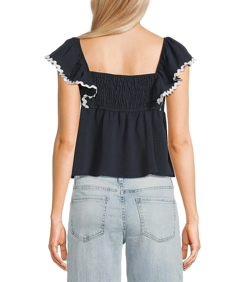 Honey & Sparkle Sweetheart Neck Ric Rac Trim Ruffle Sleeve Top