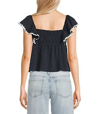 Honey & Sparkle Sweetheart Neck Ric Rac Trim Ruffle Sleeve Top